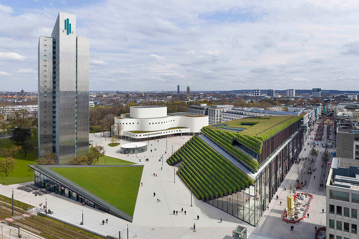 Düsseldorfer Schauspielhaus -intensiv begrünter neue Geschäfts- und Bürokomplex Kö-Bogen II - TROPP LIGHTING DESIGN